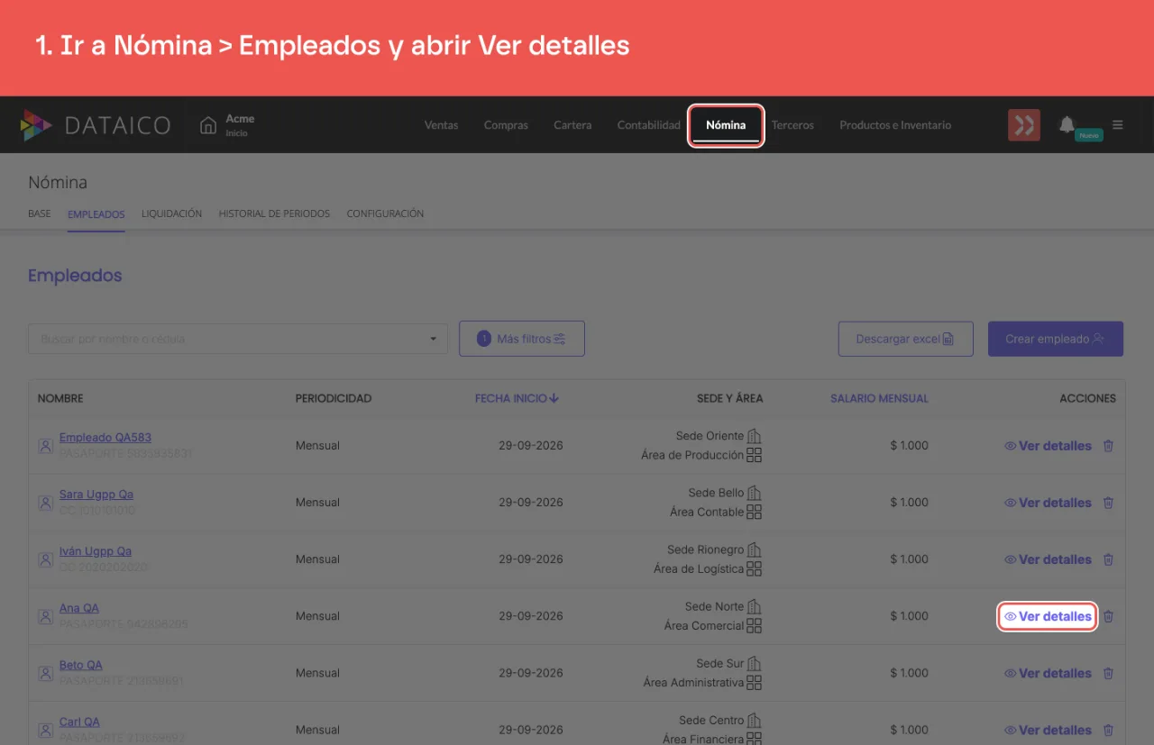 La pestaña Nómina del menú principal y el enlace Ver detalles de la fila del empleado