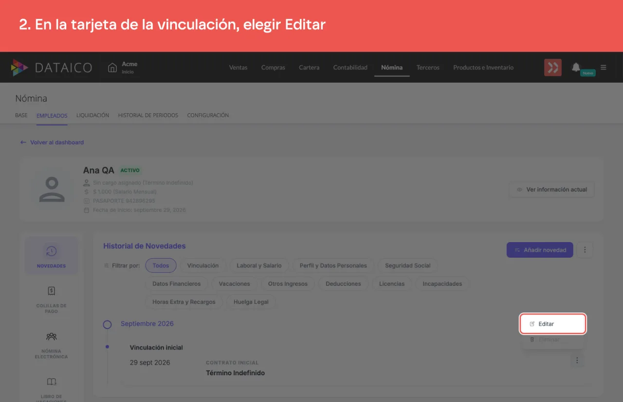 El menú de tres puntos de la tarjeta de vinculación, con la opción Editar