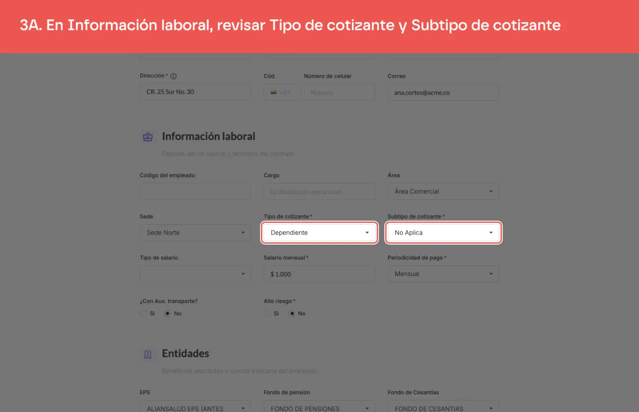 La sección Información laboral de Editar vinculación, con los campos Tipo de cotizante y Subtipo de cotizante