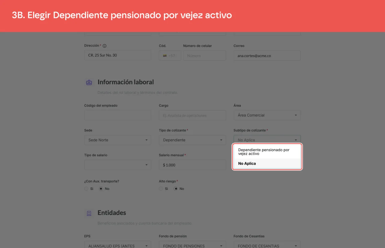 El selector Subtipo de cotizante abierto, con las opciones No Aplica y Dependiente pensionado por vejez activo