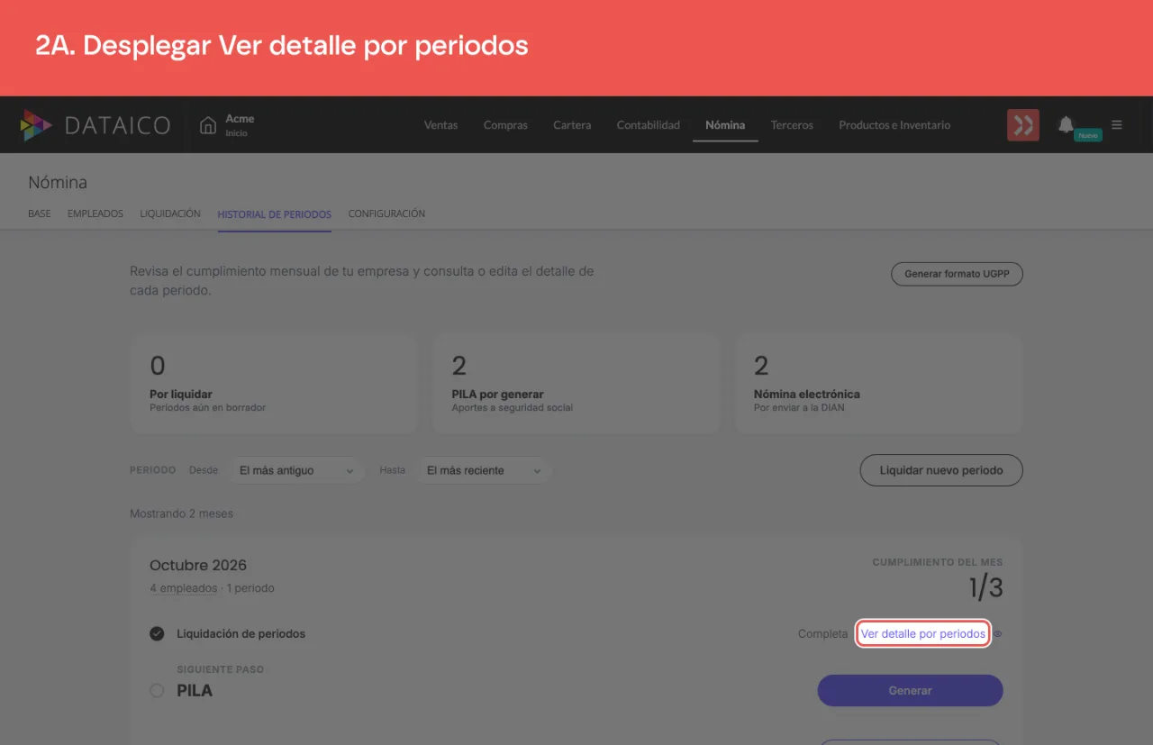 El enlace Ver detalle por periodos, en la tarjeta del mes