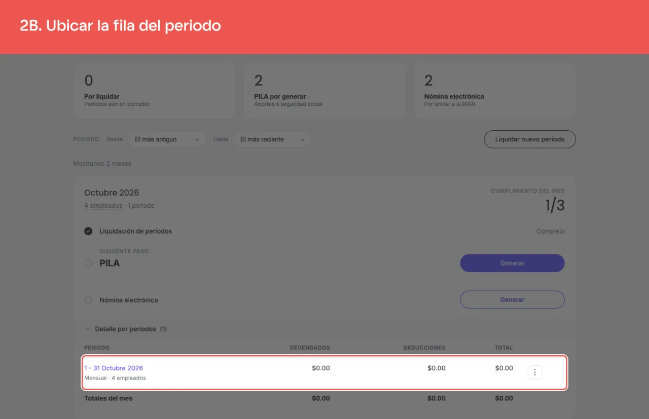 La fila del periodo dentro del detalle del mes, con sus devengados, deducciones y total