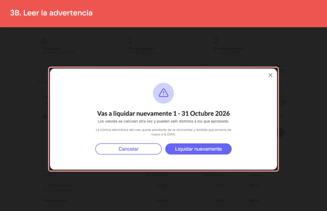 El aviso, que nombra el periodo exacto y avisa que los valores se recalculan y que la nómina electrónica queda pendiente de re-sincronizar