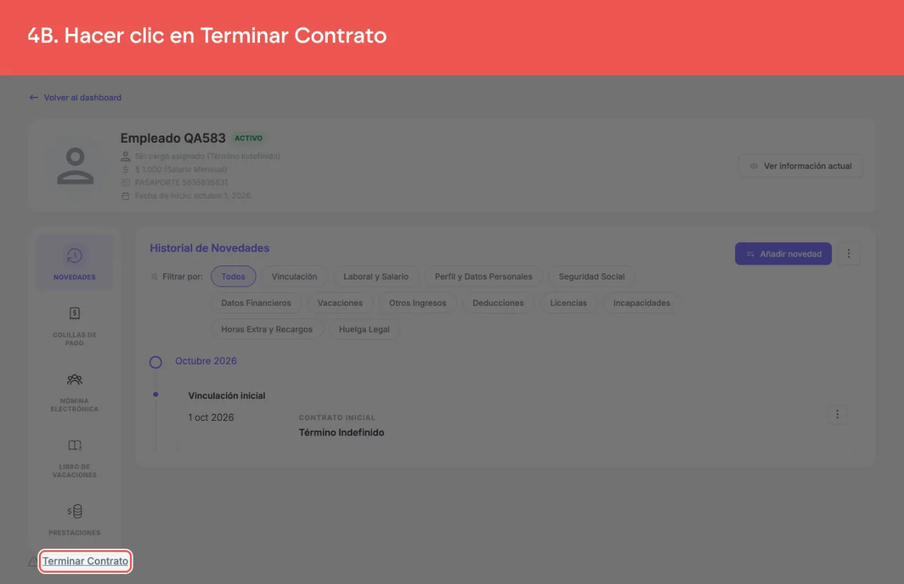 El enlace Terminar Contrato, al pie del perfil del empleado