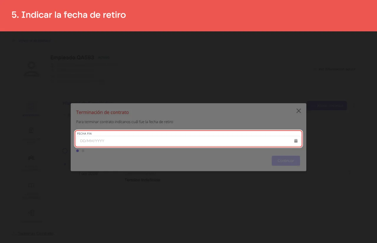 El diálogo Terminación de contrato, con el campo FECHA FIN donde se indica la fecha de retiro