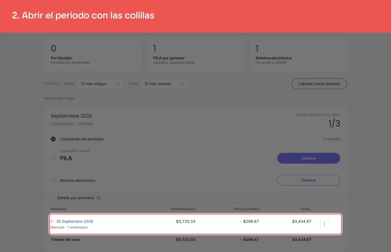 La fila del periodo en el detalle del mes, cuyo menú de tres puntos lleva a Ver detalles