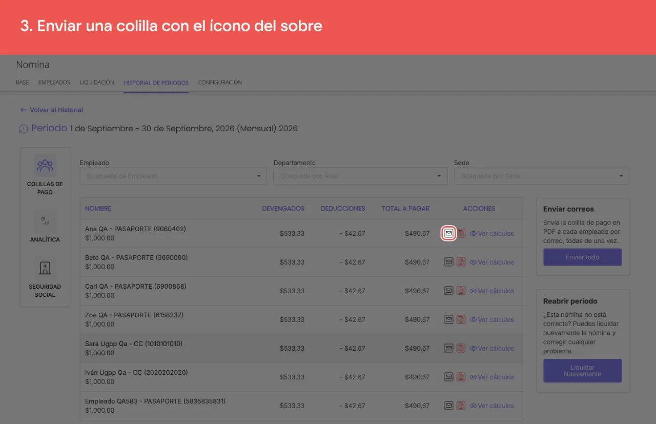 El ícono del sobre en la columna de acciones del empleado, que envía su colilla por correo