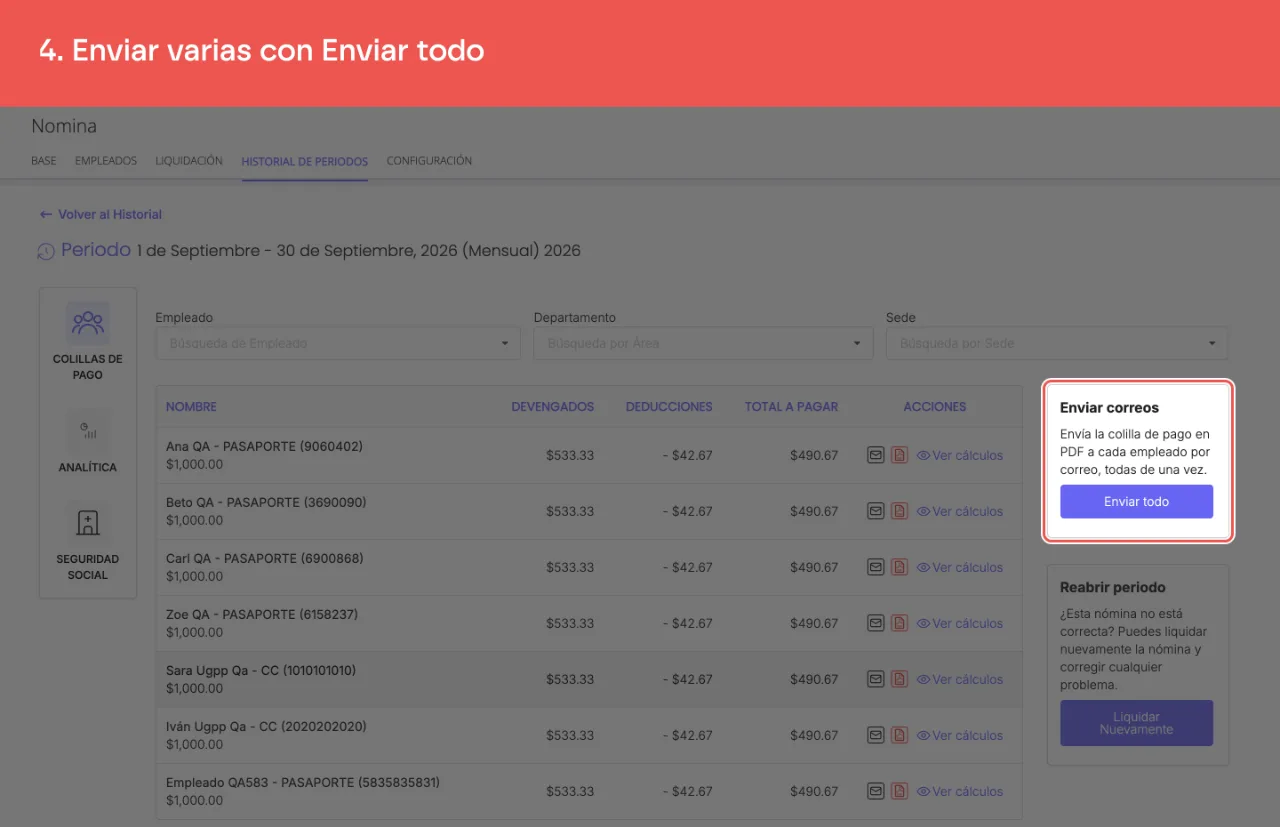 El panel Enviar correos, que manda la colilla en PDF a cada empleado de una vez