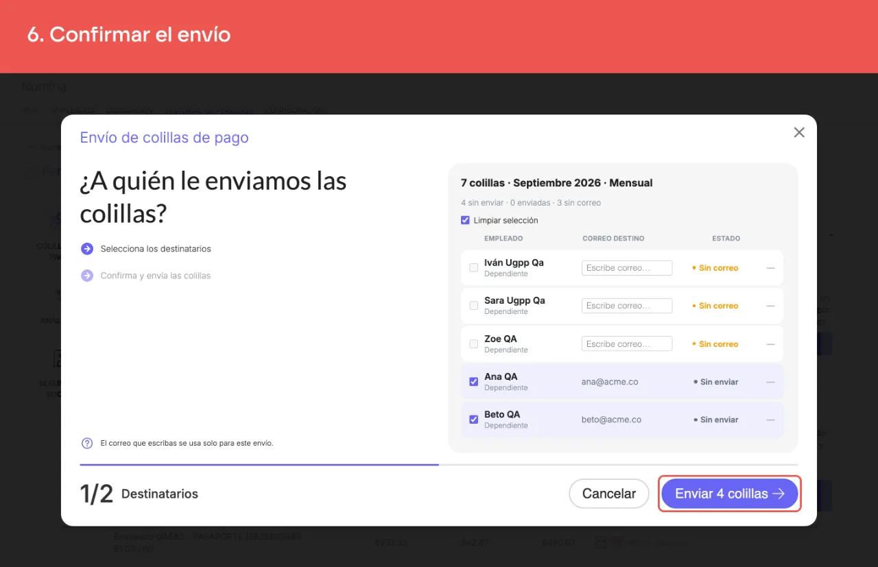 El botón que confirma el envío, que dice cuántas colillas va a mandar, con Cancelar al lado