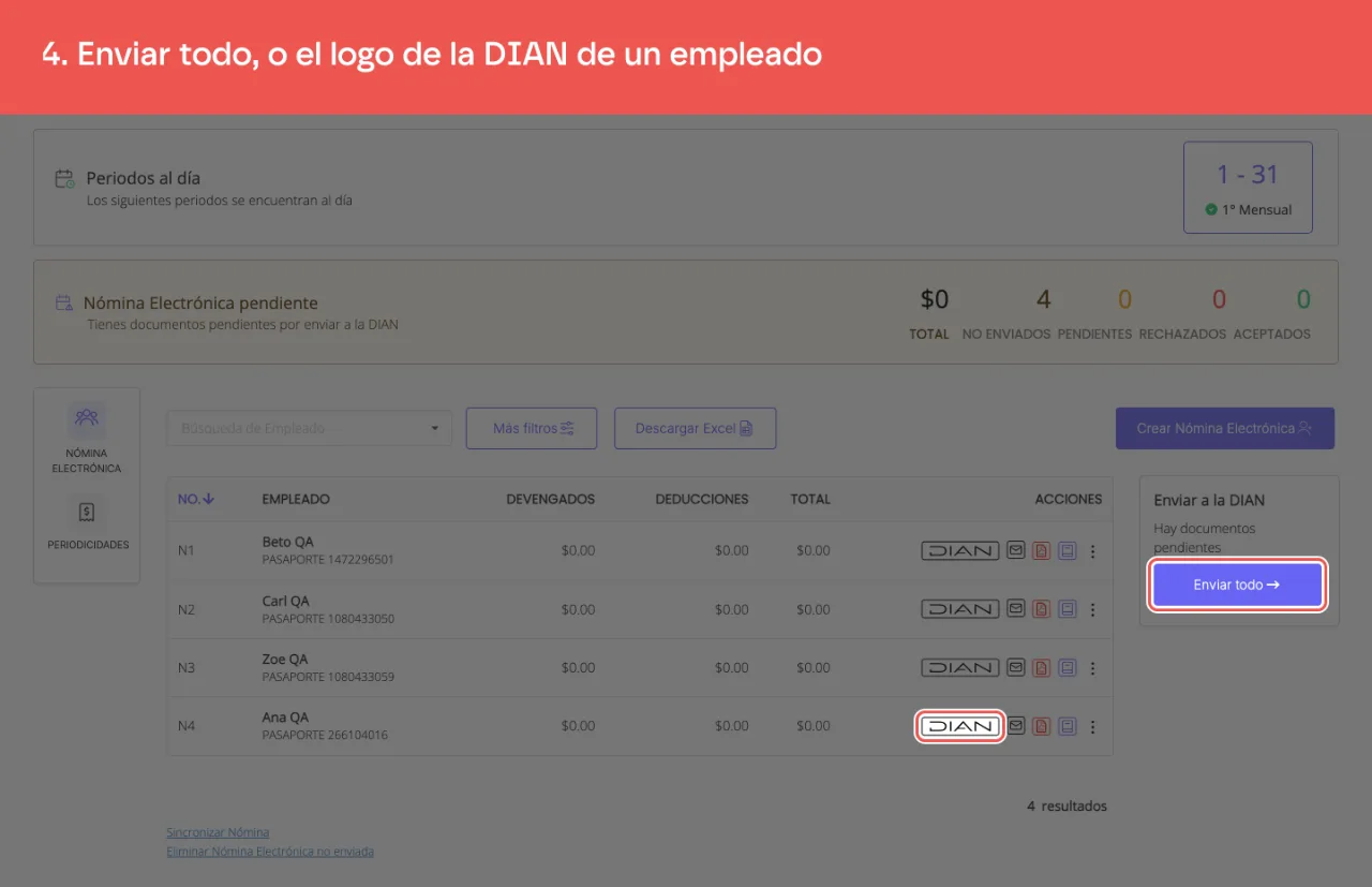 El botón Enviar todo del panel Enviar a la DIAN, y el logo DIAN de la fila de un empleado