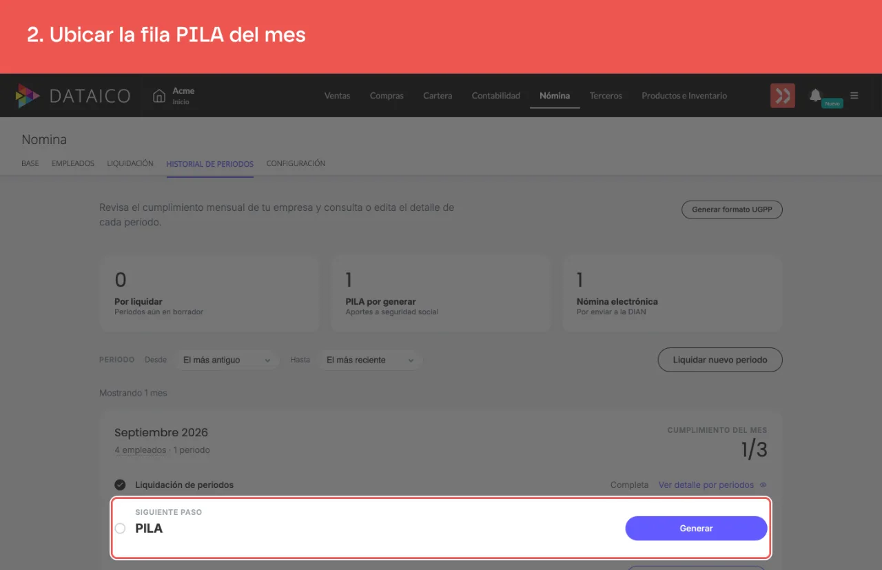 La fila PILA en la tarjeta del mes, entre las tres obligaciones del cumplimiento