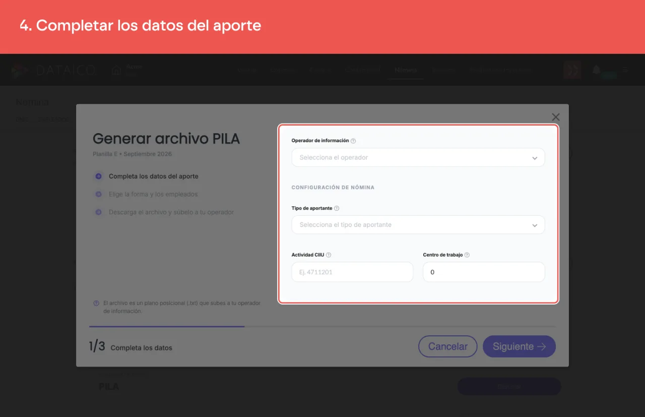 Los cuatro datos del aporte: operador de información, tipo de aportante, actividad CIIU y centro de trabajo