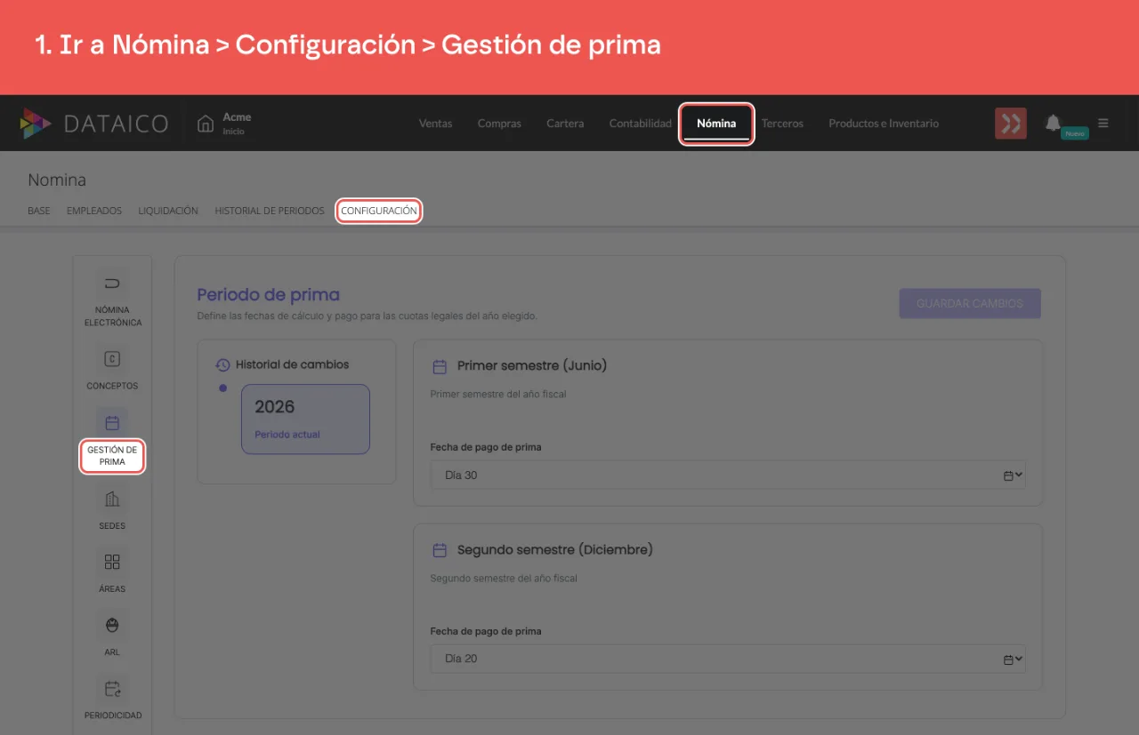 La pestaña Nómina, la subpestaña Configuración y la entrada Gestión de prima del menú lateral