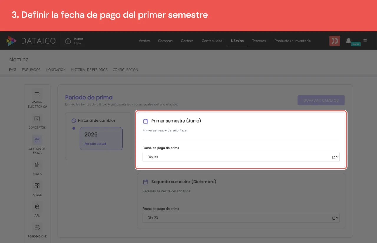 La tarjeta Primer semestre (Junio) con su campo Fecha de pago de prima, que lista los días del mes