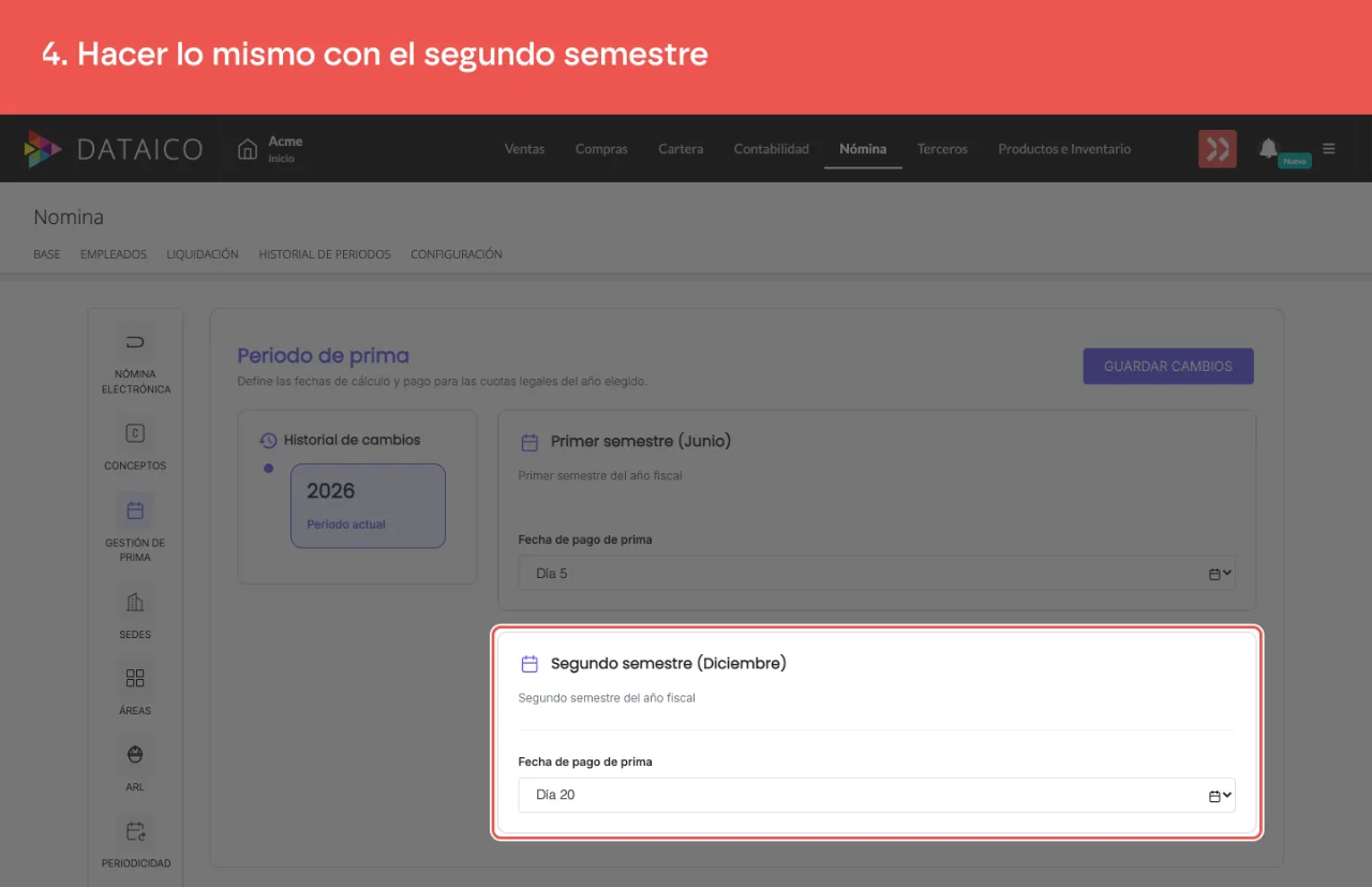 La tarjeta Segundo semestre (Diciembre), con el mismo campo Fecha de pago de prima