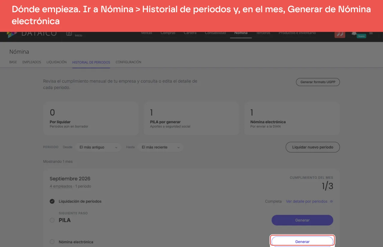 La tarjeta del mes en el Historial de periodos, con el botón Generar de Nómina electrónica