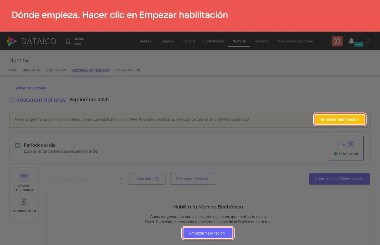 El aviso amarillo y la tarjeta Habilita tu Nómina Electrónica, los dos con el botón Empezar habilitación