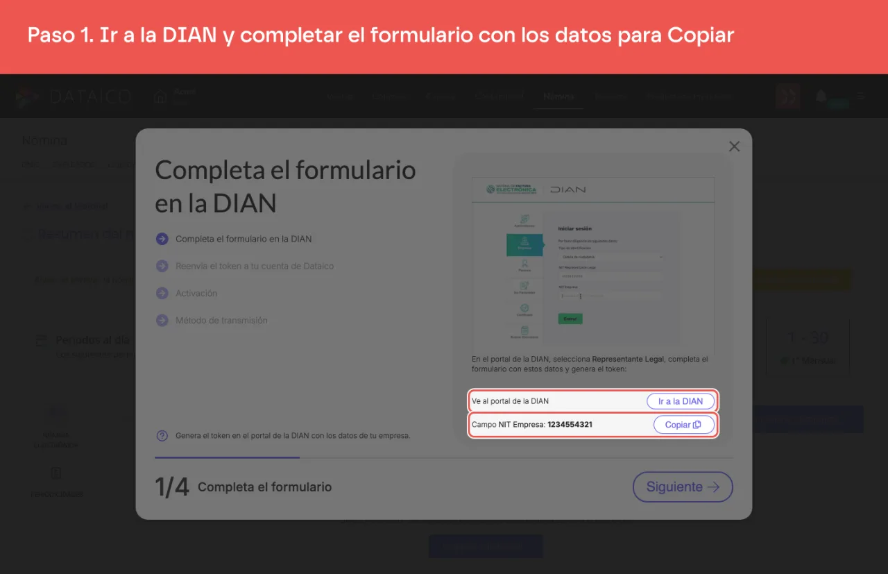 El paso 1 del asistente, con el botón Ir a la DIAN y el NIT de la empresa listo para copiar
