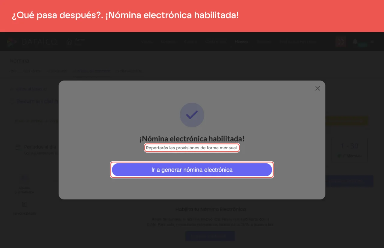 La pantalla final, con el método elegido y el botón Ir a generar nómina electrónica