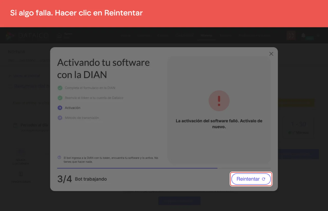 Una falla del asistente, La activación del software falló, con el botón Reintentar