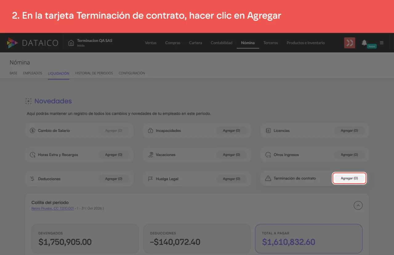 El botón Agregar de la tarjeta Terminación de contrato, entre las tarjetas de Novedades del empleado
