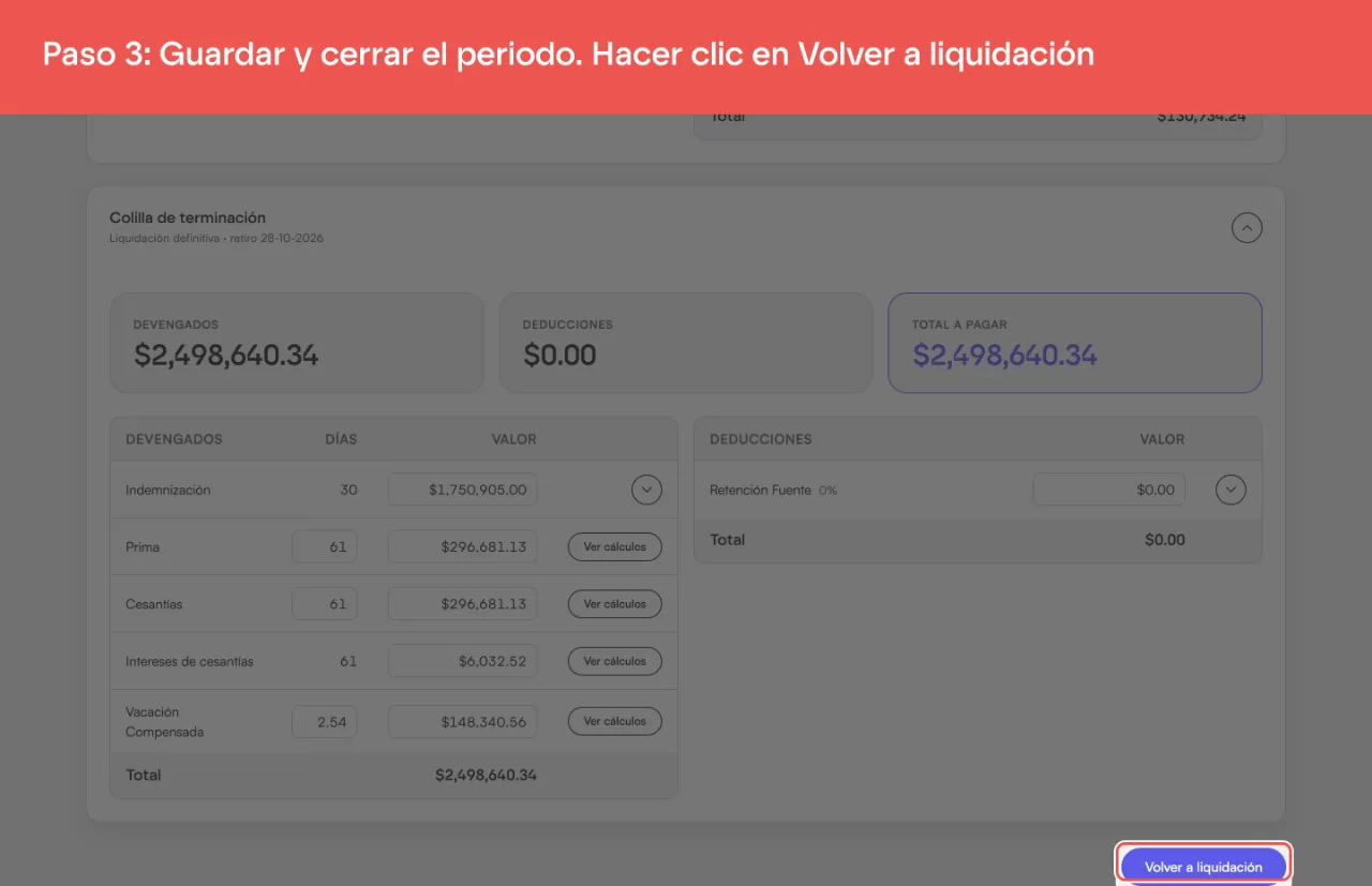 El botón Volver a liquidación al pie de las Novedades del empleado