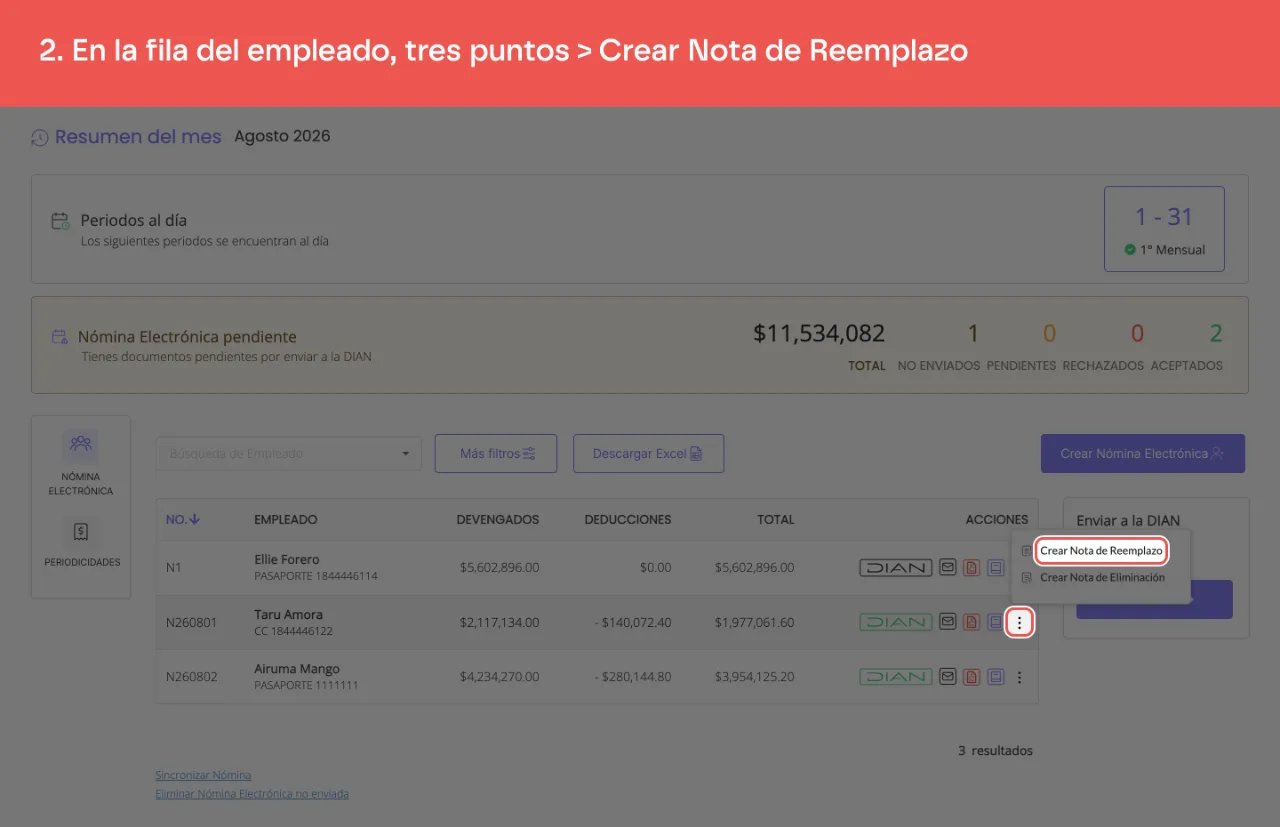 El menú de tres puntos de la fila del empleado, con la opción Crear Nota de Reemplazo