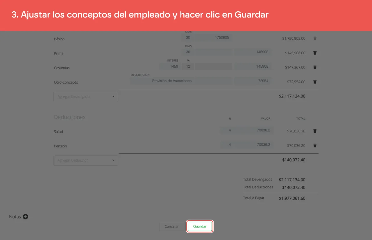 El botón Guardar, al pie del formulario de la nota de reemplazo con los devengados y deducciones del empleado