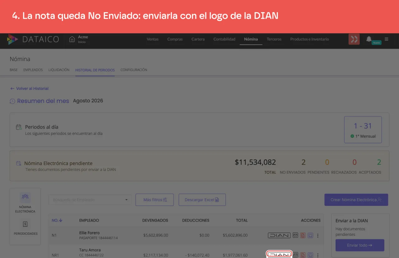 La nota de reemplazo en el listado de nómina electrónica del mes, con el logo de la DIAN para enviarla