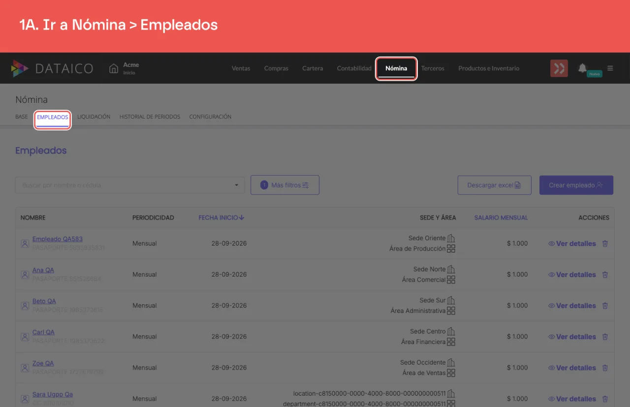 La pestaña Nómina del menú principal y, dentro, la subpestaña Empleados