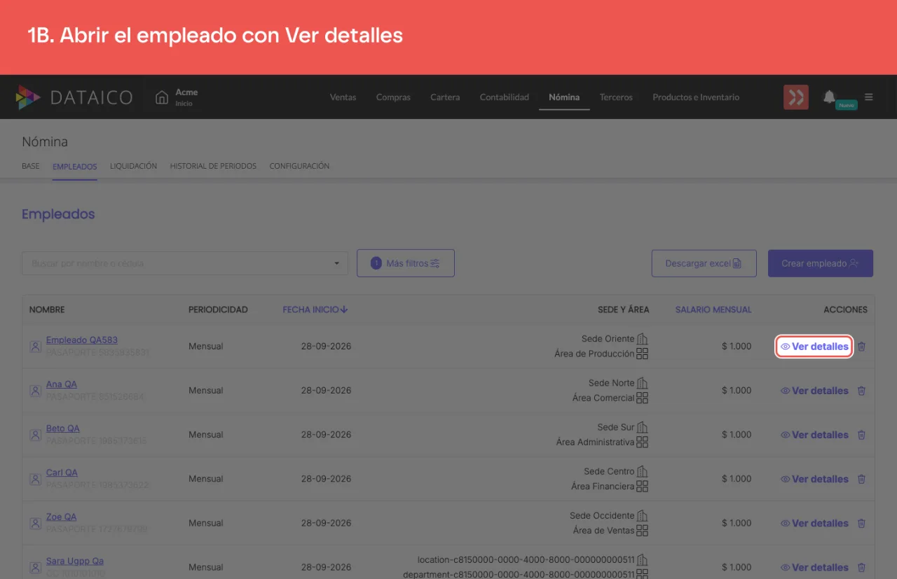 El enlace Ver detalles de la primera fila del listado de empleados
