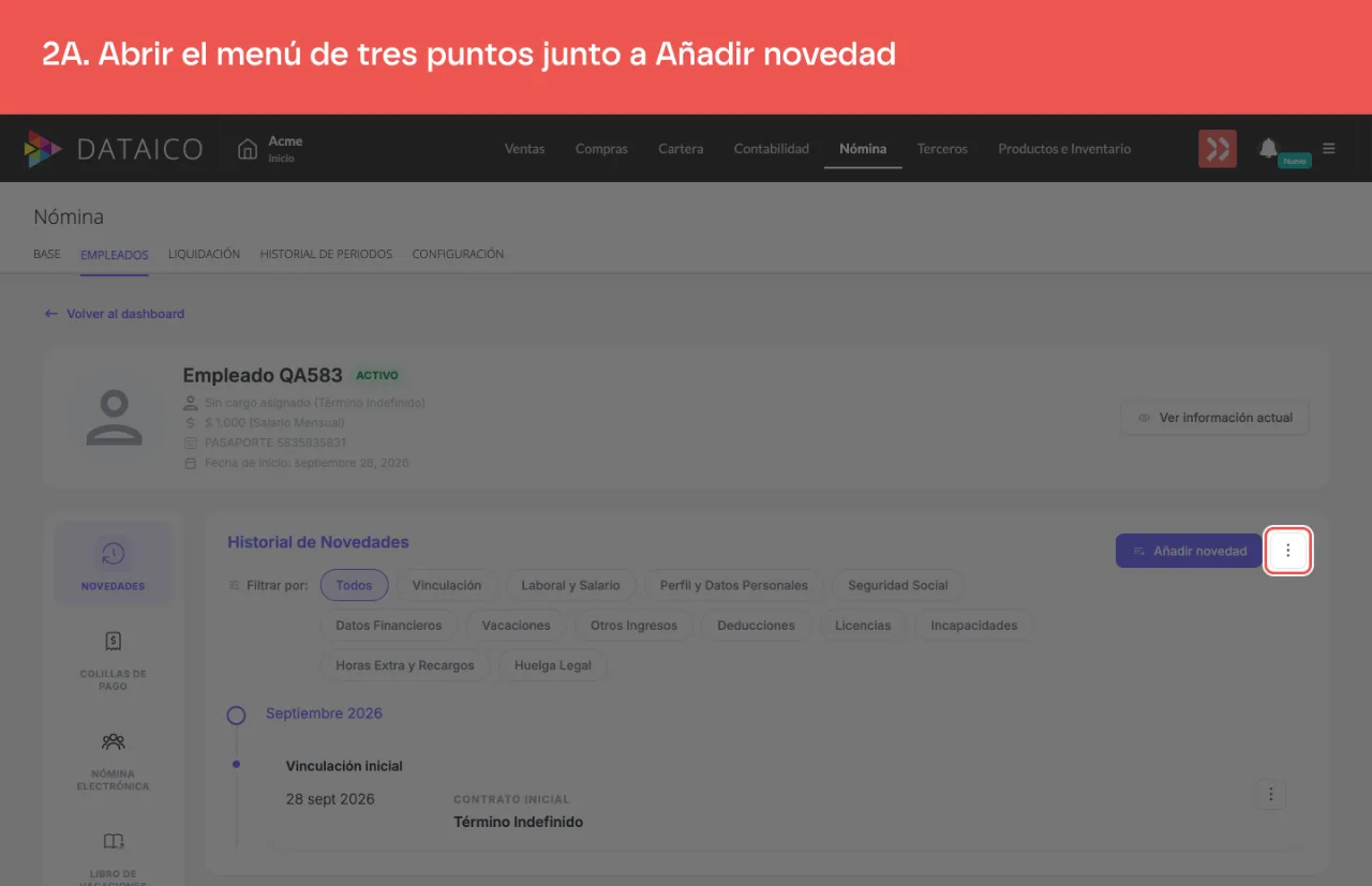 El menú de tres puntos del encabezado del Historial de Novedades, junto al botón Añadir novedad