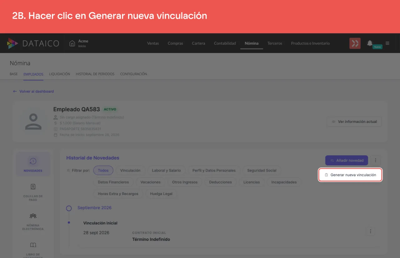 La opción Generar nueva vinculación del menú del historial
