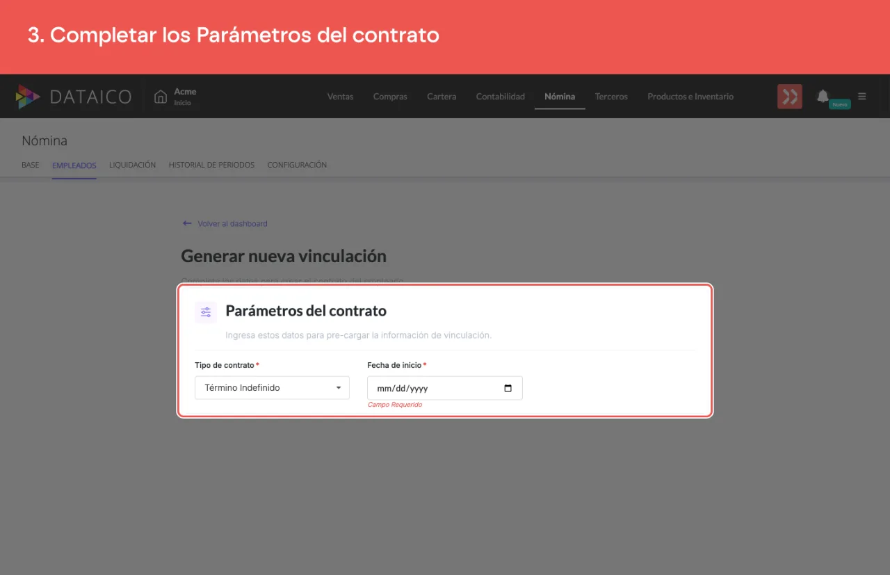 La tarjeta Parámetros del contrato, con el tipo de contrato y las fechas de inicio y fin