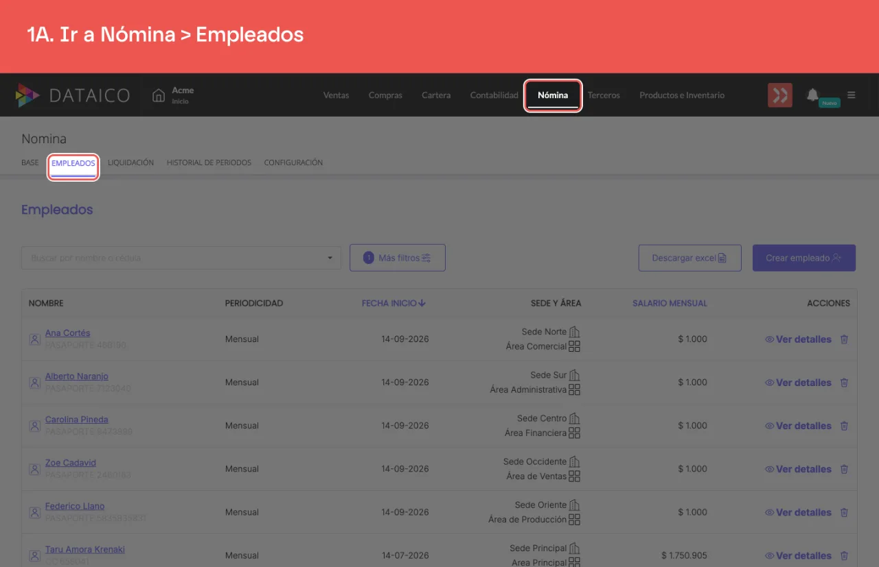 La pestaña Nómina del menú principal y, dentro, la subpestaña Empleados
