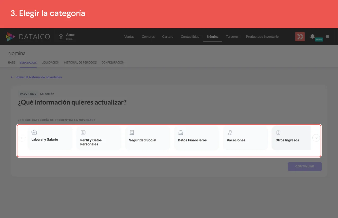 La fila de categorías del paso 1, con las flechas para recorrerla