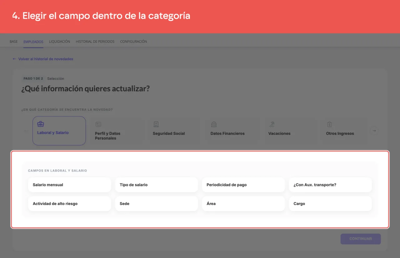 Los campos que ofrece la categoría elegida, debajo de la fila de categorías