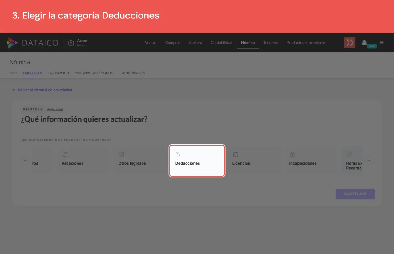 La categoría Deducciones en la fila de categorías del paso 1