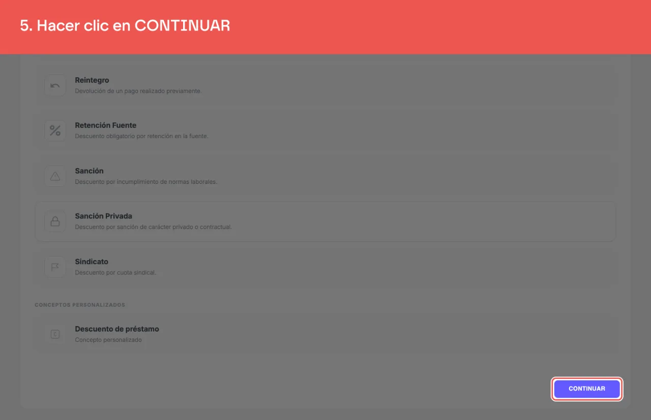 El botón CONTINUAR, al pie del paso 1