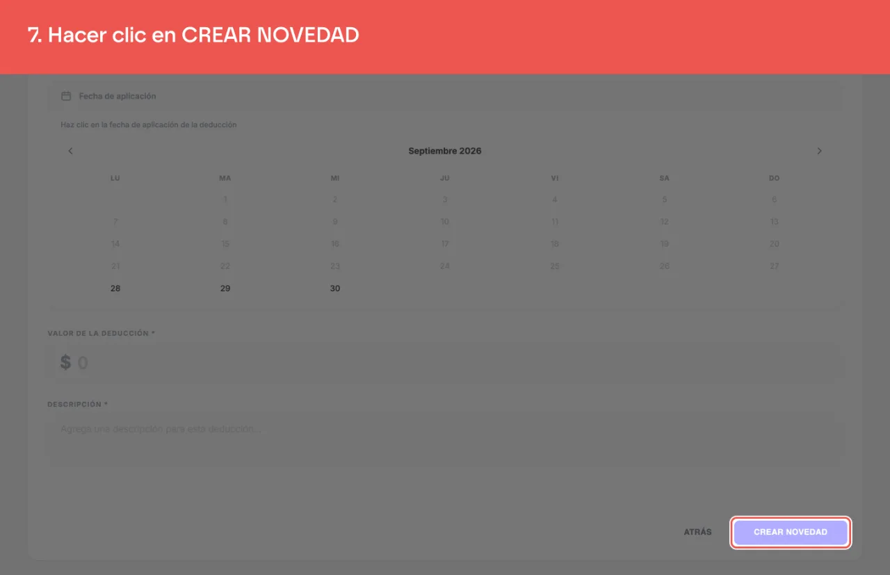 El botón CREAR NOVEDAD, al pie del formulario
