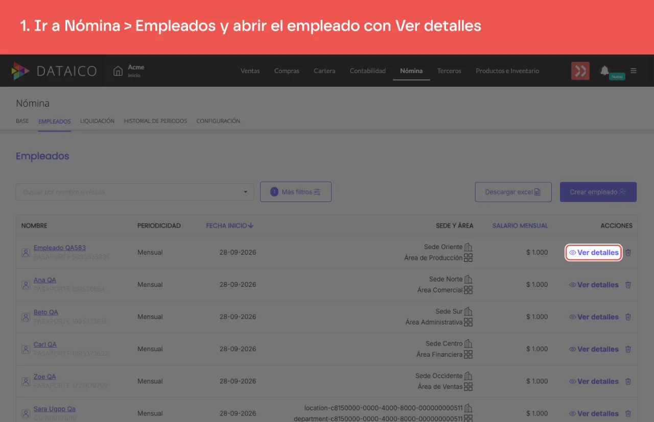 El enlace Ver detalles de la primera fila del listado de empleados