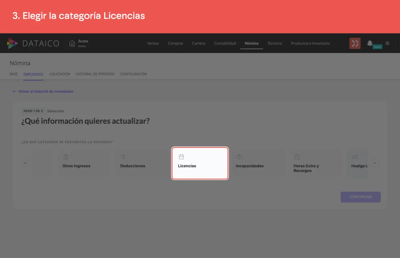 La categoría Licencias en la fila de categorías del paso 1