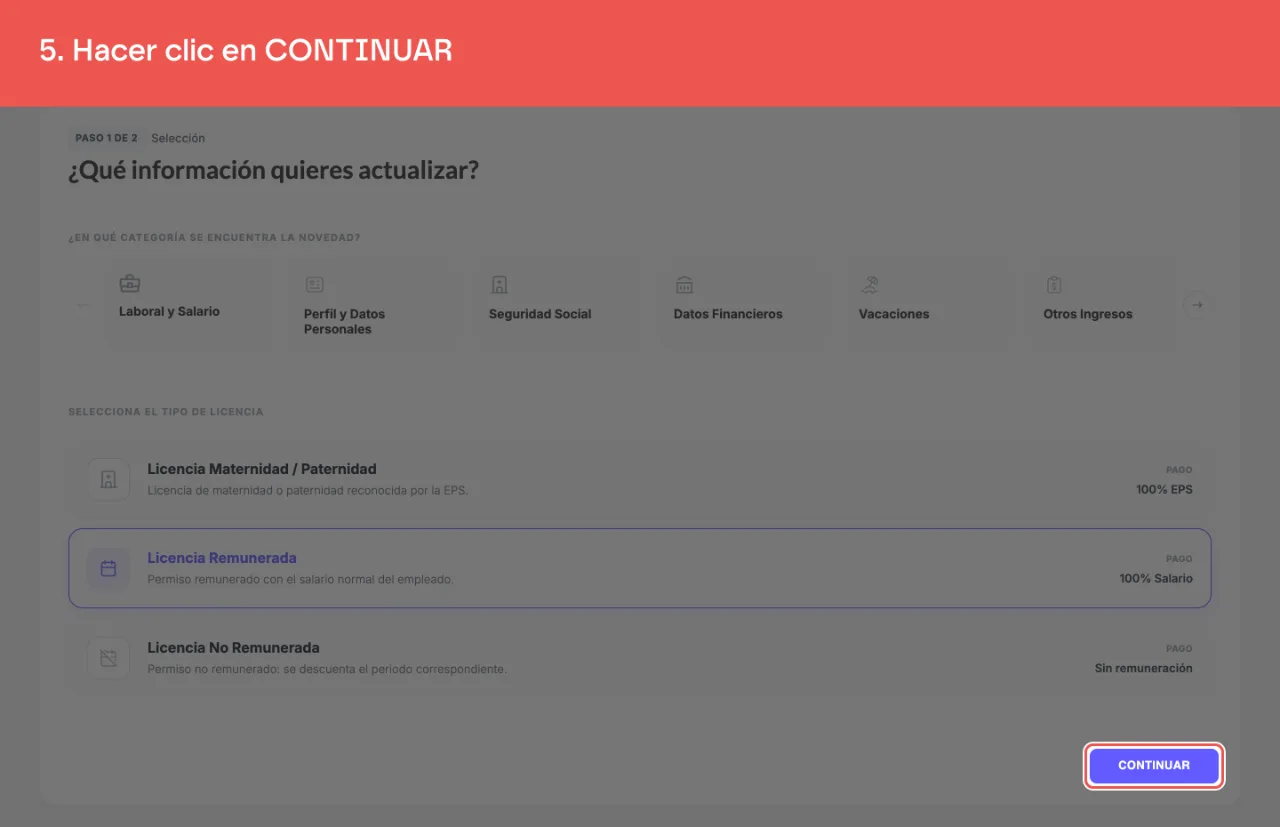 El botón CONTINUAR, al pie del paso 1