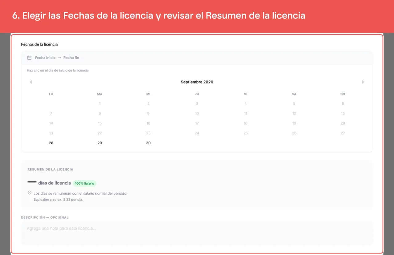 El formulario de la licencia, con el calendario de fechas y el resumen de días y de pago