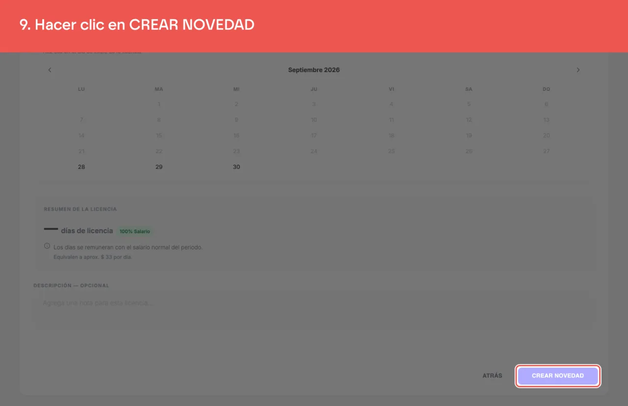 El botón CREAR NOVEDAD, al pie del formulario