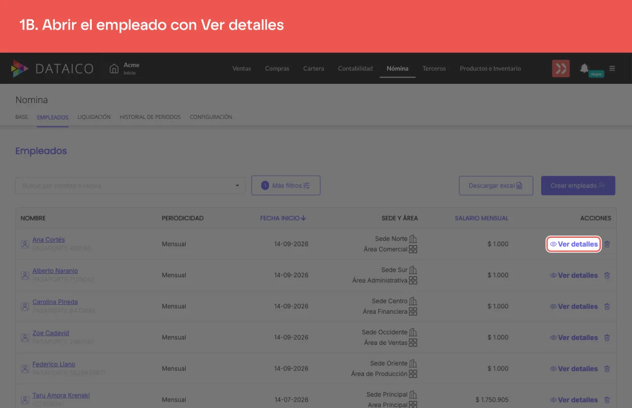 El enlace Ver detalles de la primera fila del listado, en la columna ACCIONES