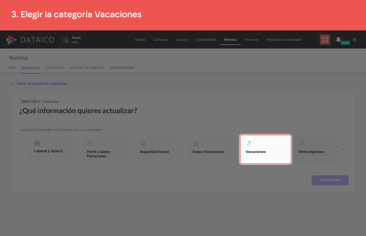 La categoría Vacaciones en la fila de categorías del paso 1