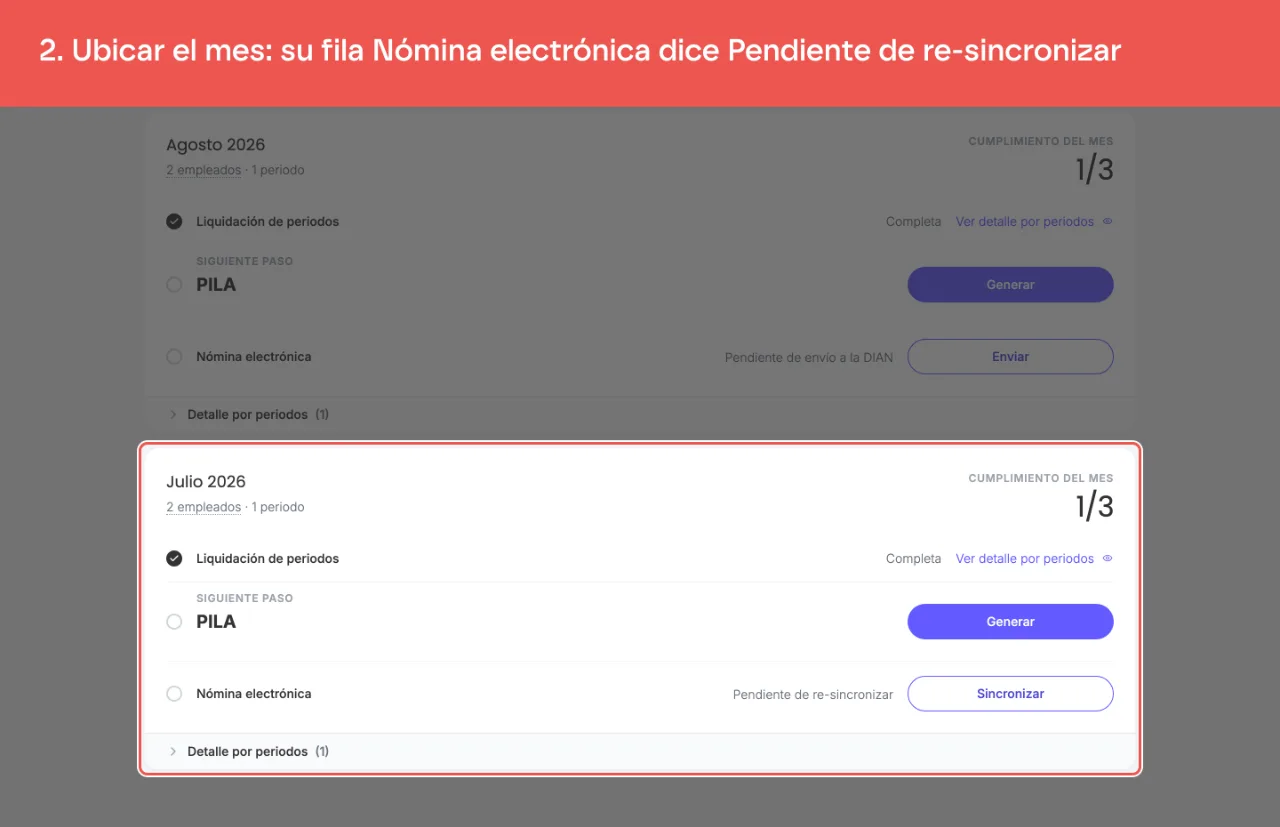 La tarjeta del mes en el Historial, con la fila Nómina electrónica marcada como Pendiente de re-sincronizar
