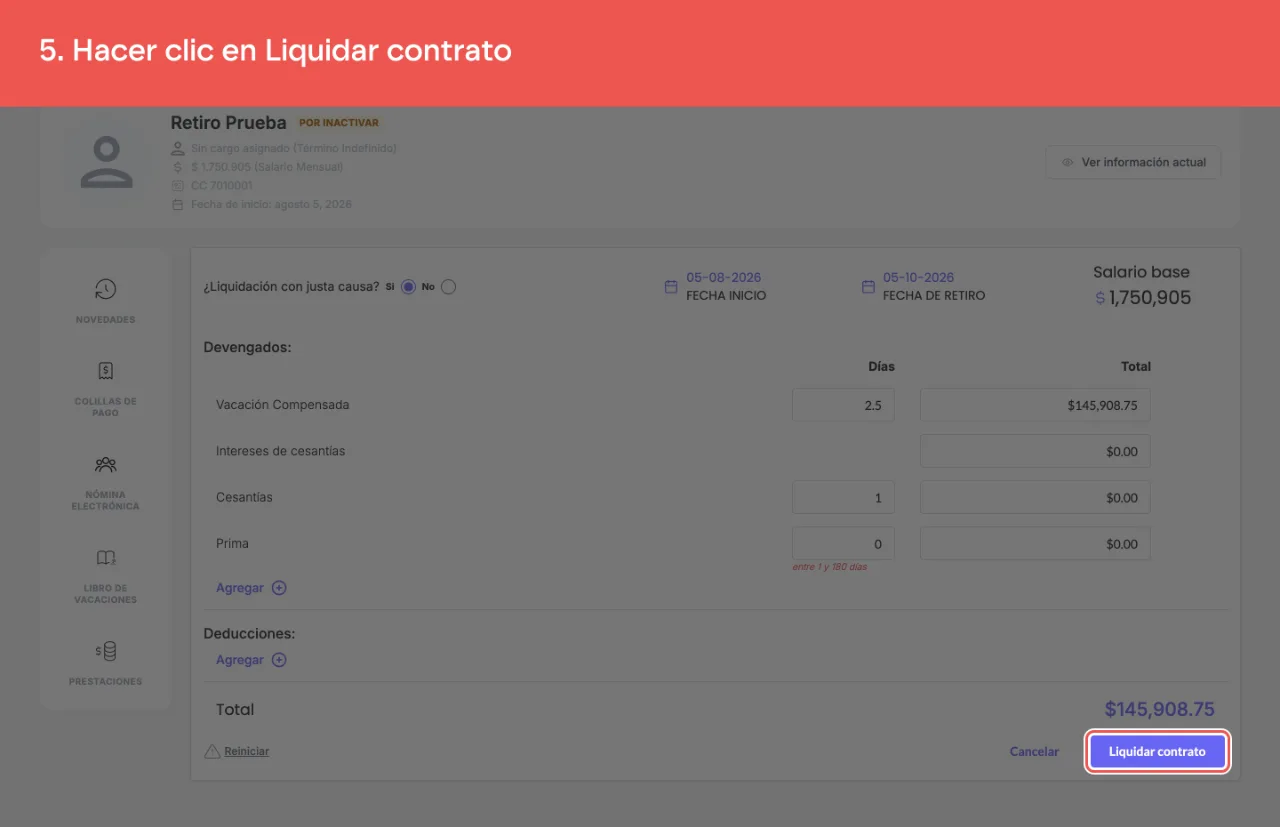 El botón Liquidar contrato, al pie del formulario de terminación