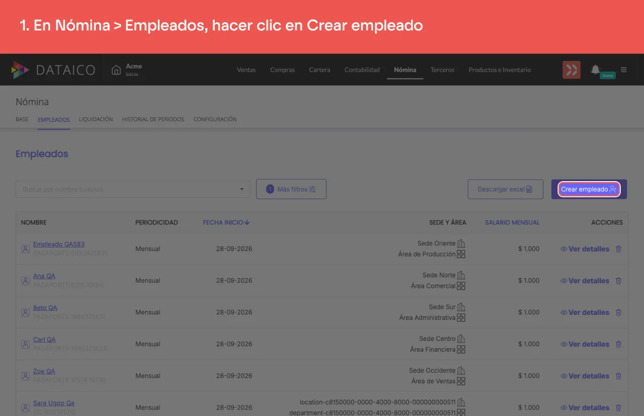 El botón Crear empleado, arriba a la derecha del listado de empleados